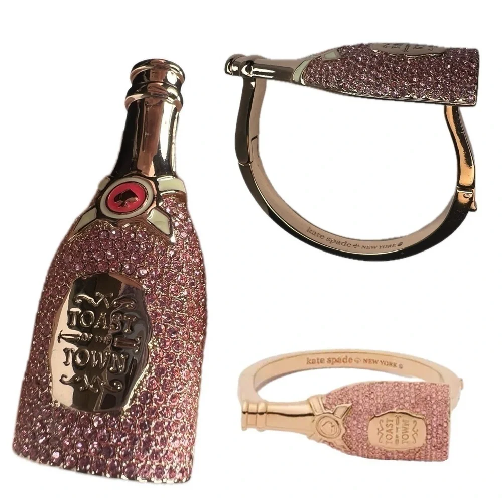 Kate Spade Champagne Toast Bottle Gold Pink Crystal Bracelet - Picture 13 of 16